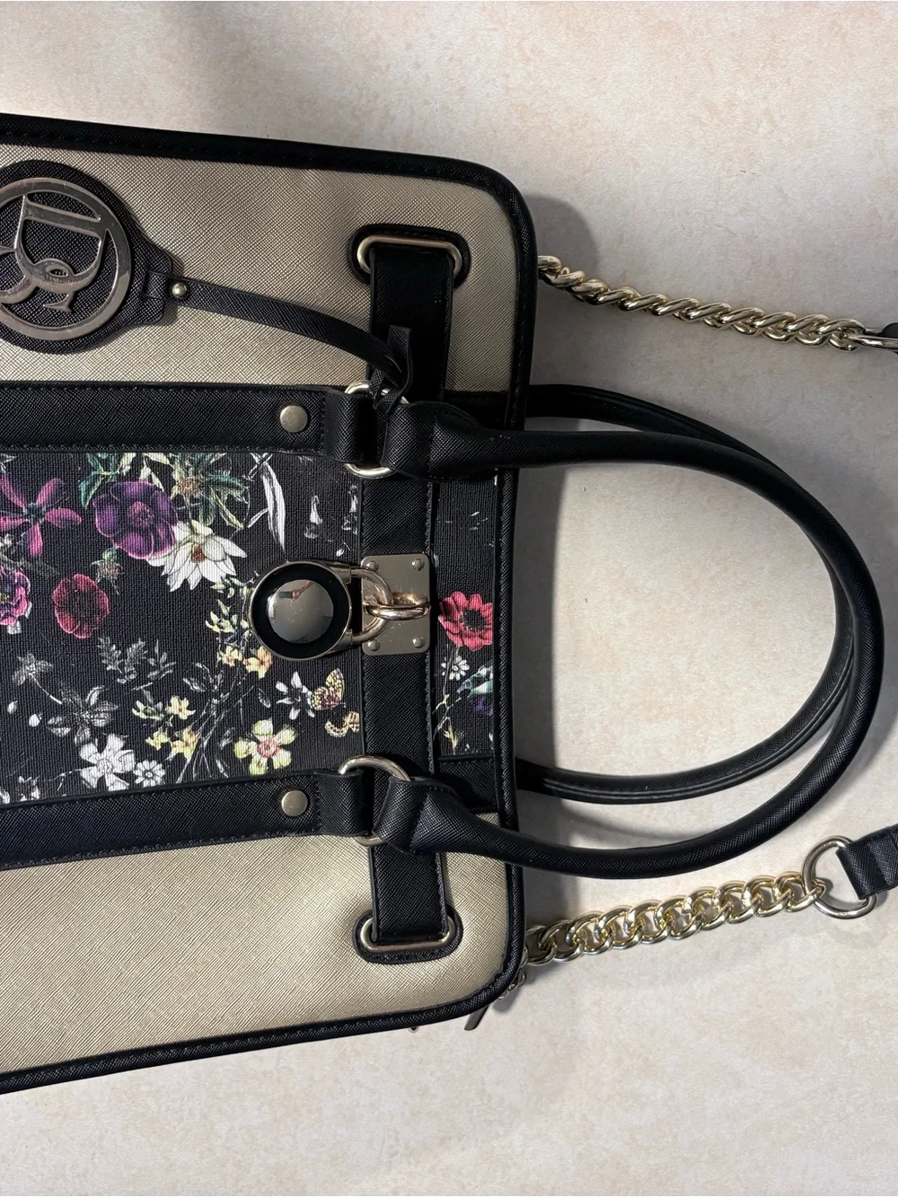 Black & Cream Floral Accent Satchel Handbag